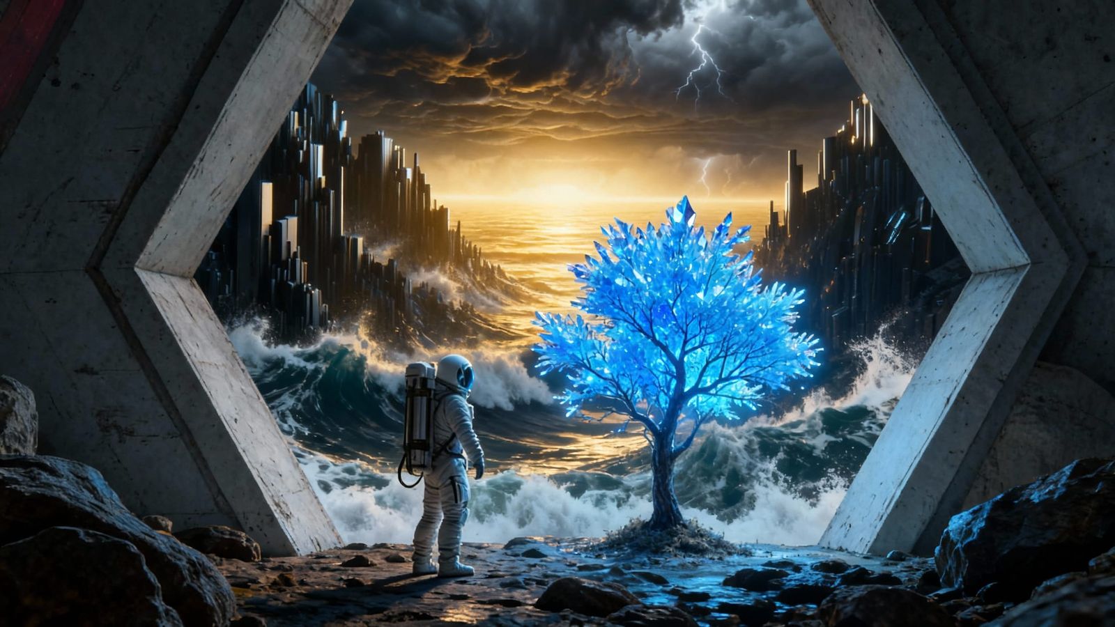 Crystal Tree Over Cataclysmic Alien Sea Horizon