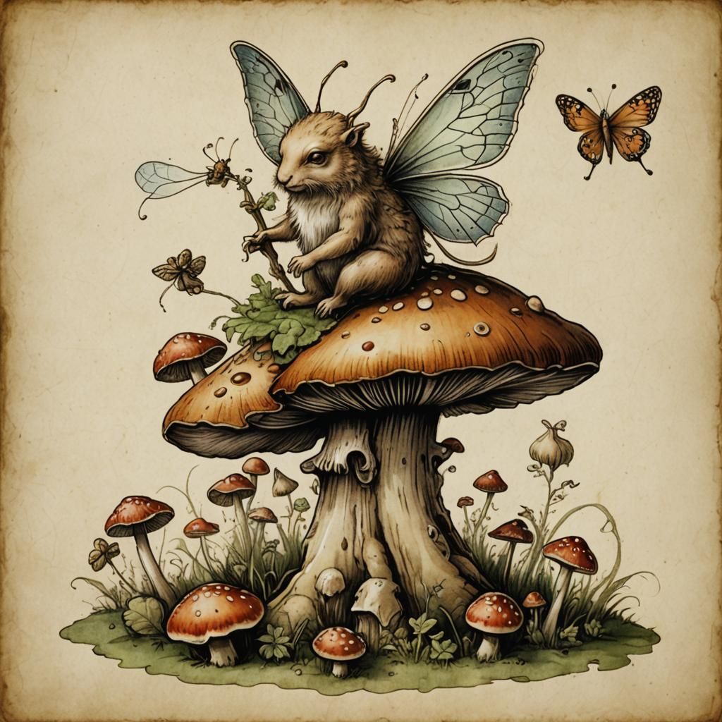 Fairy on Mushroom: Renaissance Bestiary Illustration