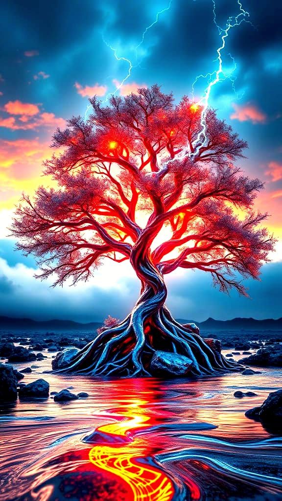 Chrome Crystal: Tree, River, and Stormy Sky