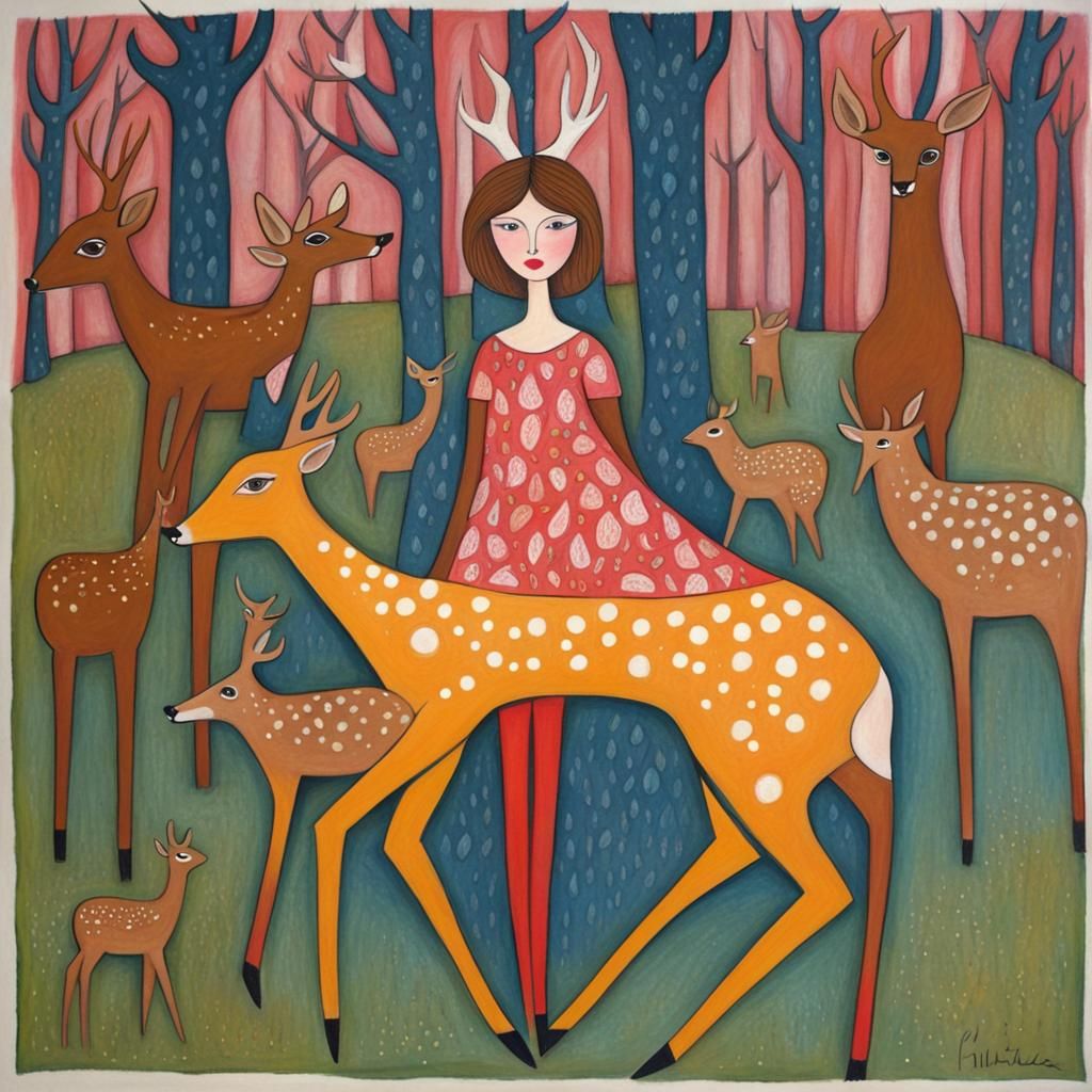 Woman Surrounded by Deer in Fairytale Art Brut Style