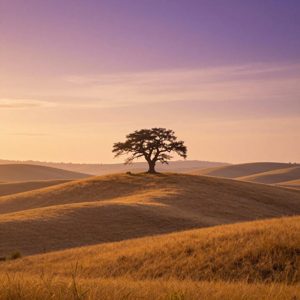 Serene Golden Hills at Dawn with Ancient Tree