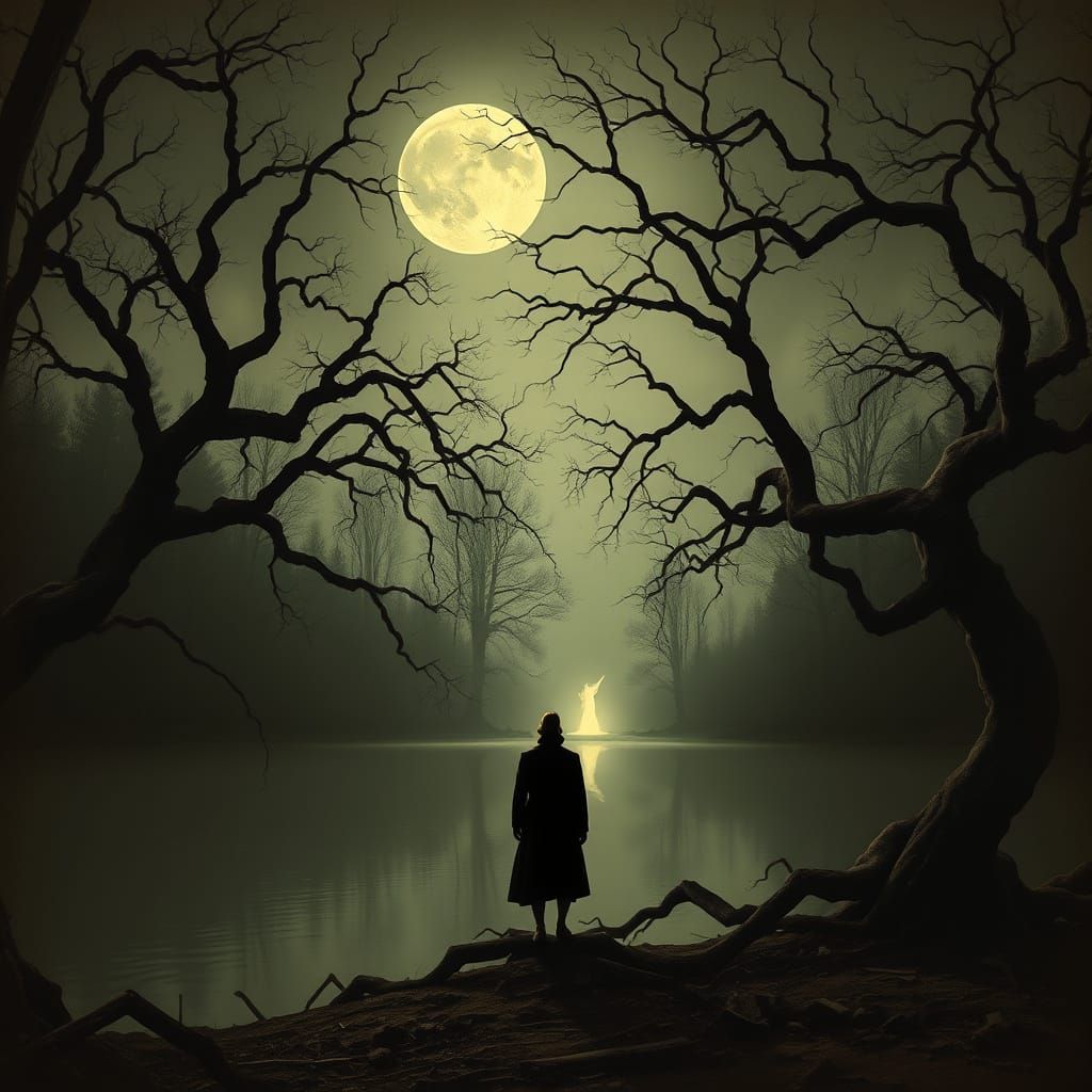 Lone Figure in Desolate, Moonlit Landscape