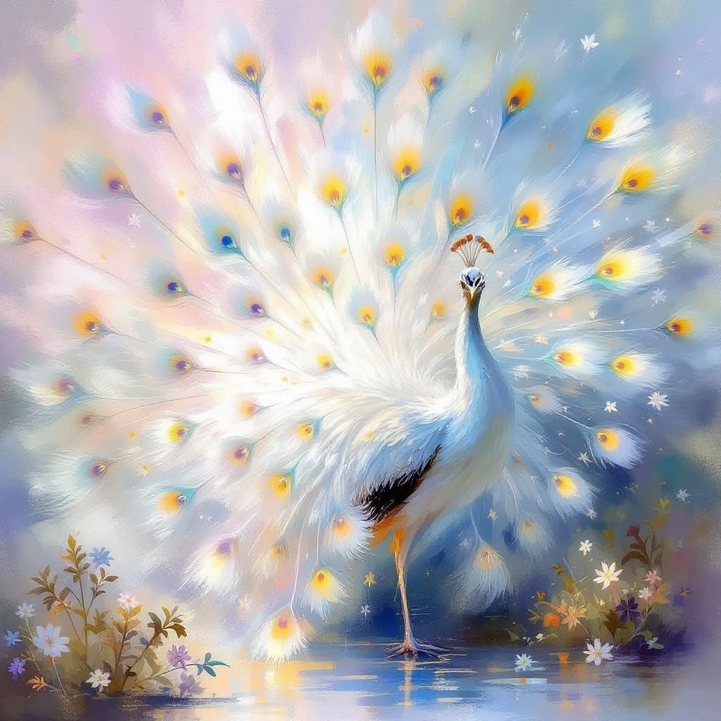 Magnificent White Peacock Displaying Iridescent Tail Feather...