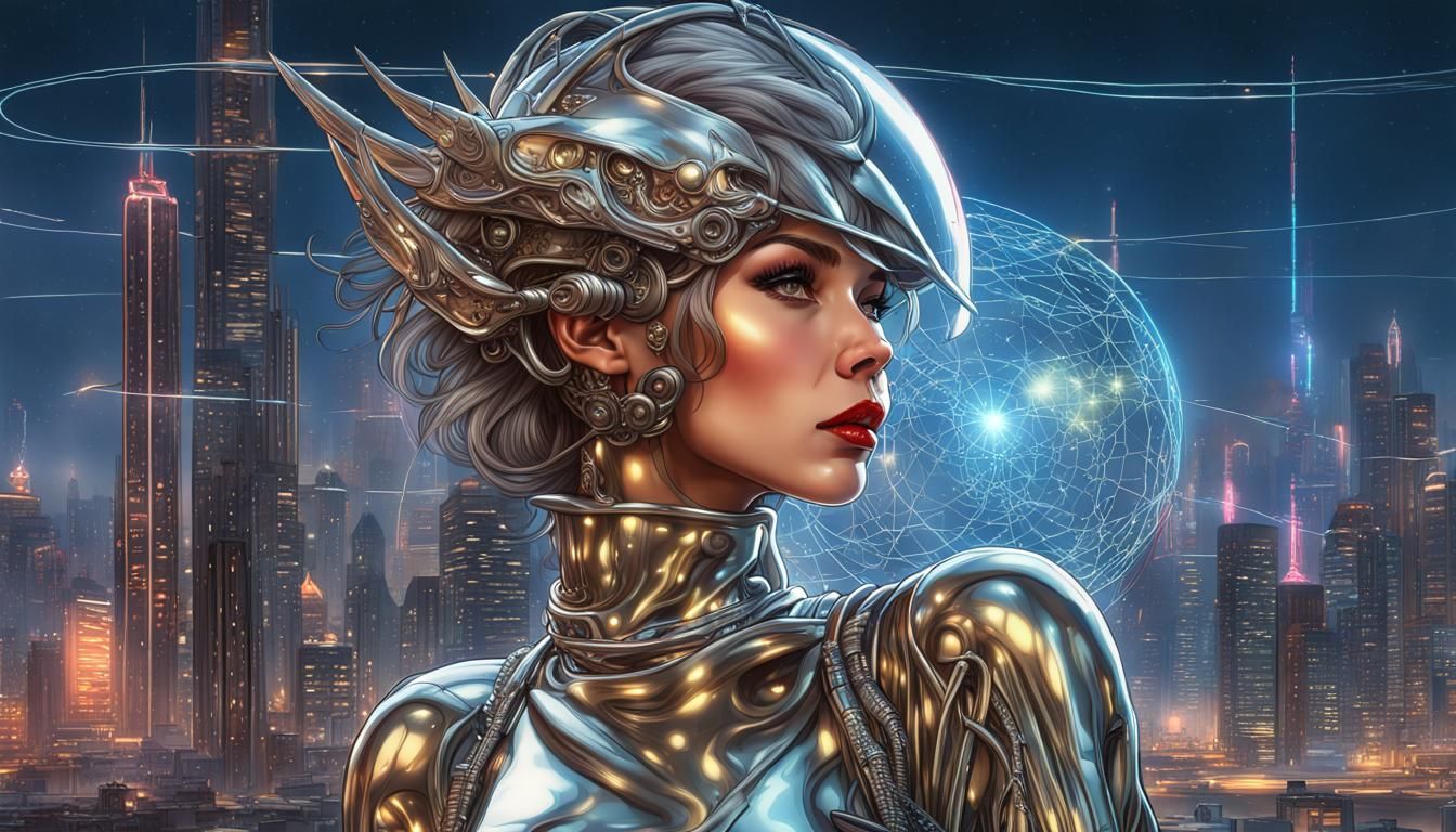 Cyberpunk Dragon Rider in Retro Sci-Fi Landscape