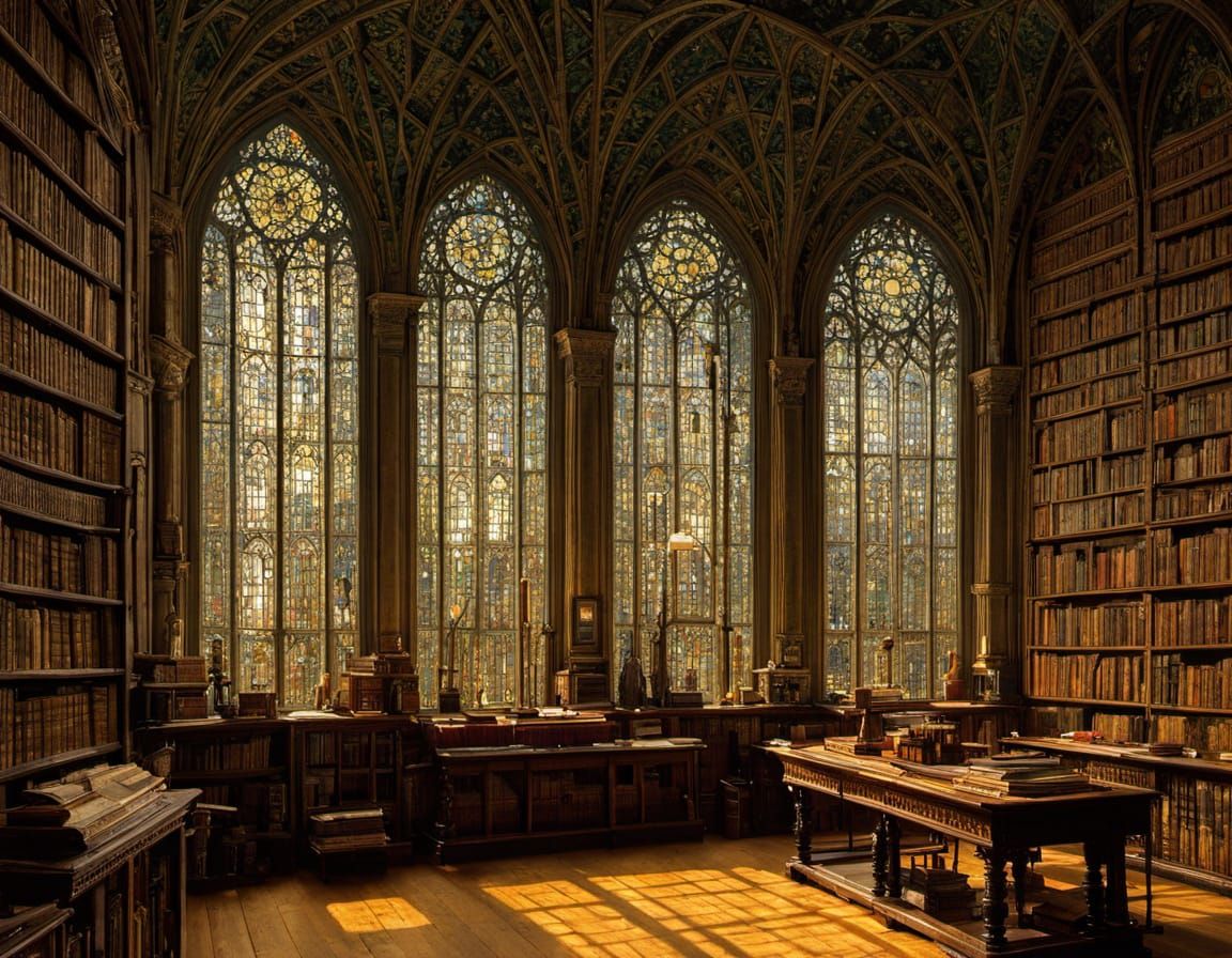 Majestic Ancient Monastery Library Illuminated by Evening Li...