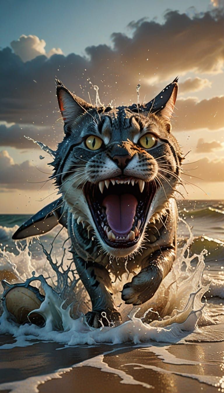 Frenzied Beach Scene: Cat Battles Shark in Hyper-Realistic 8...