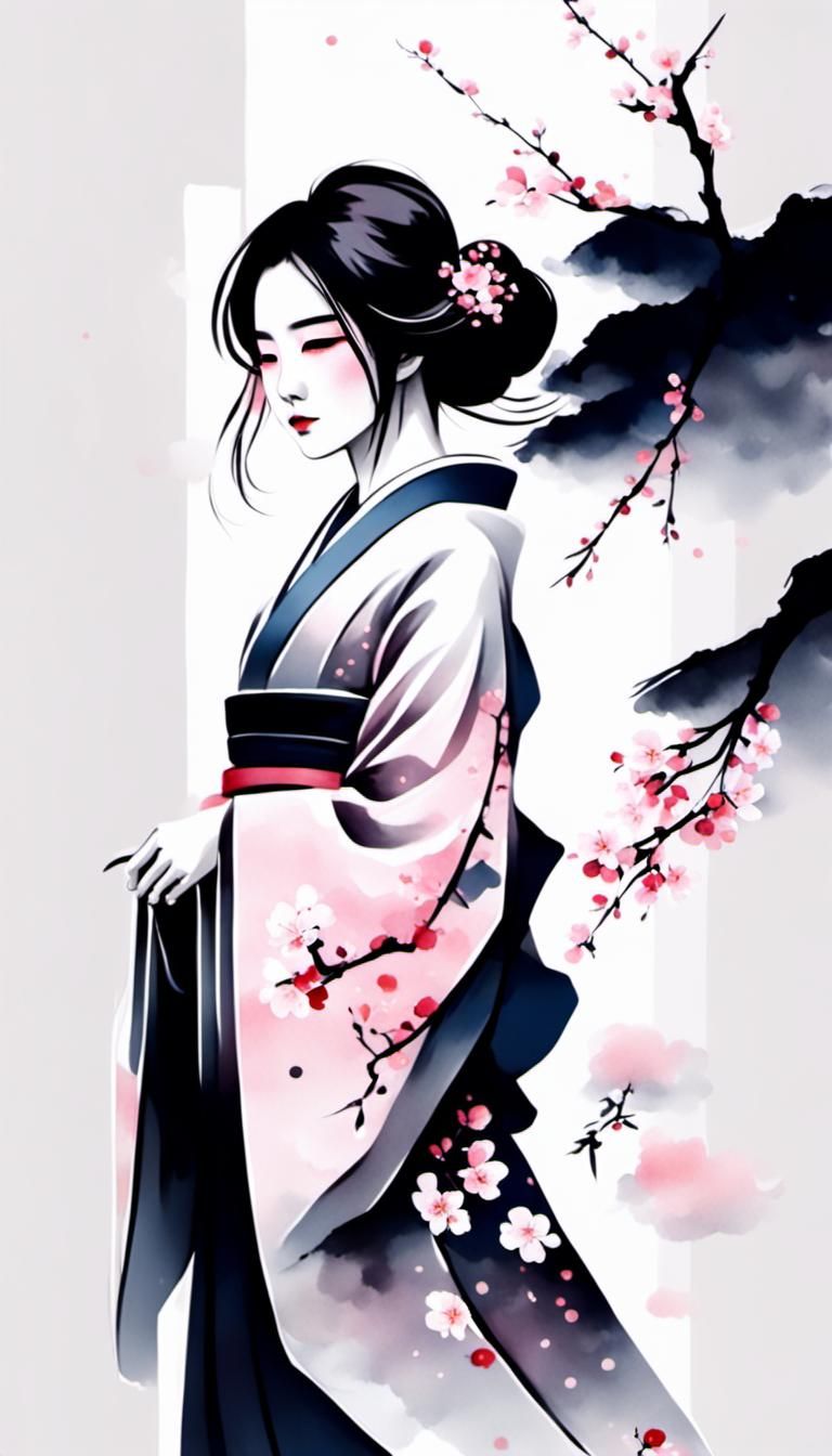 Minimalist Ink Painting of Girl in Kimono
