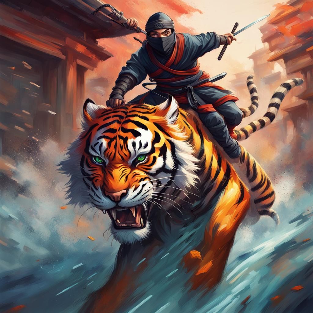 Ninja on Tiger: Hyperrealistic Splash Art