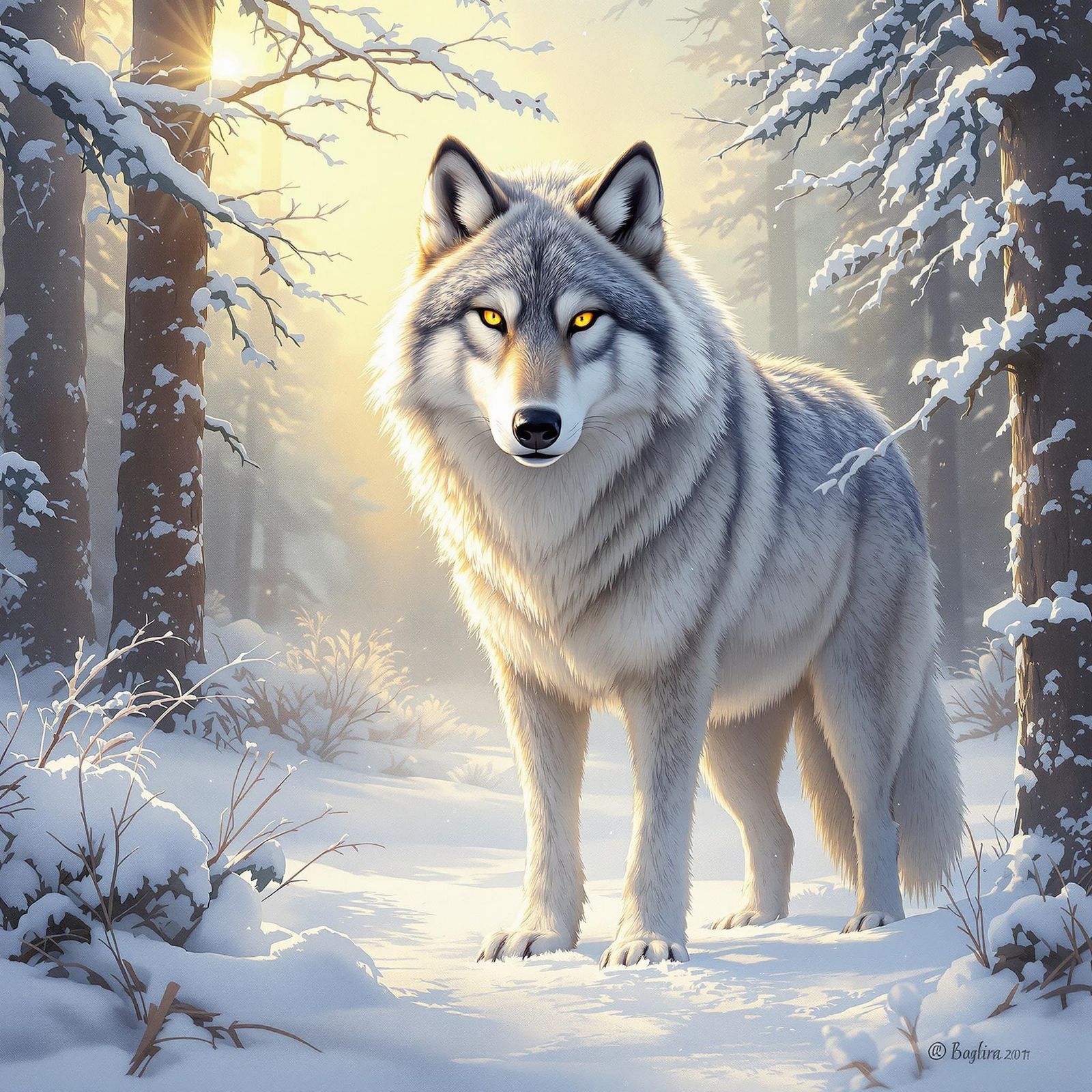Majestic Winter Wolf in Serene Forest Clearing