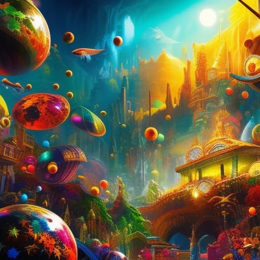 Colorful Floating World: Intricate Mixed Media Illustration