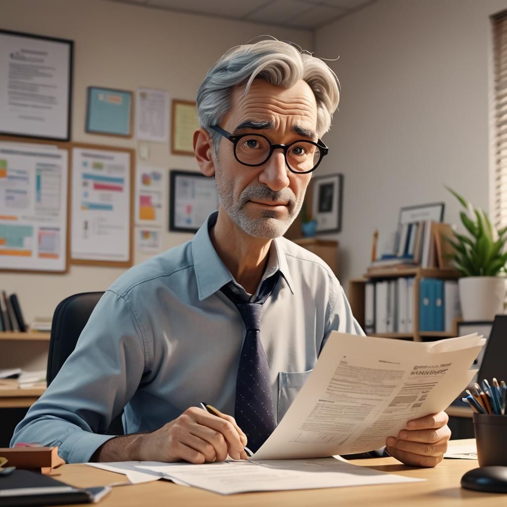 Man at Office Desk, Disney Pixar Style 3D Animation