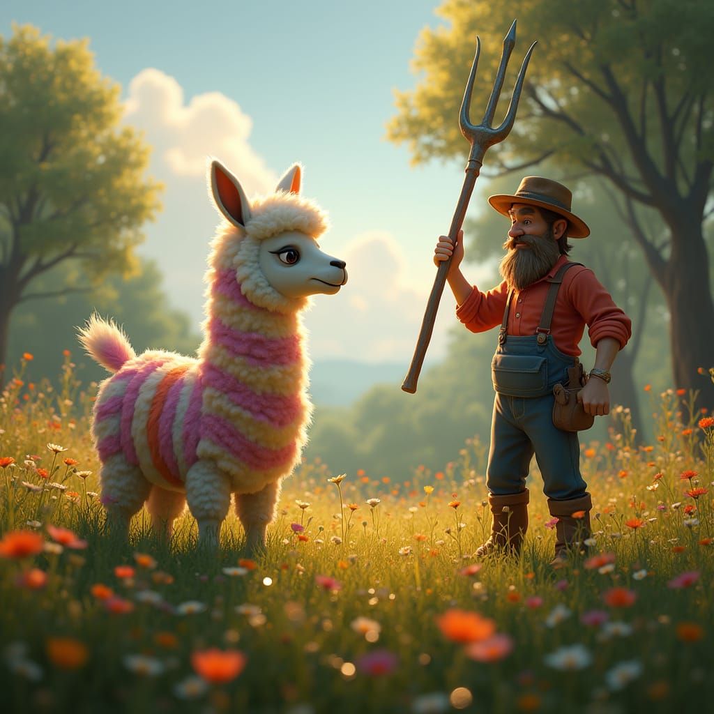 Whimsical Llama Confronts Farmer in Vibrant Meadow