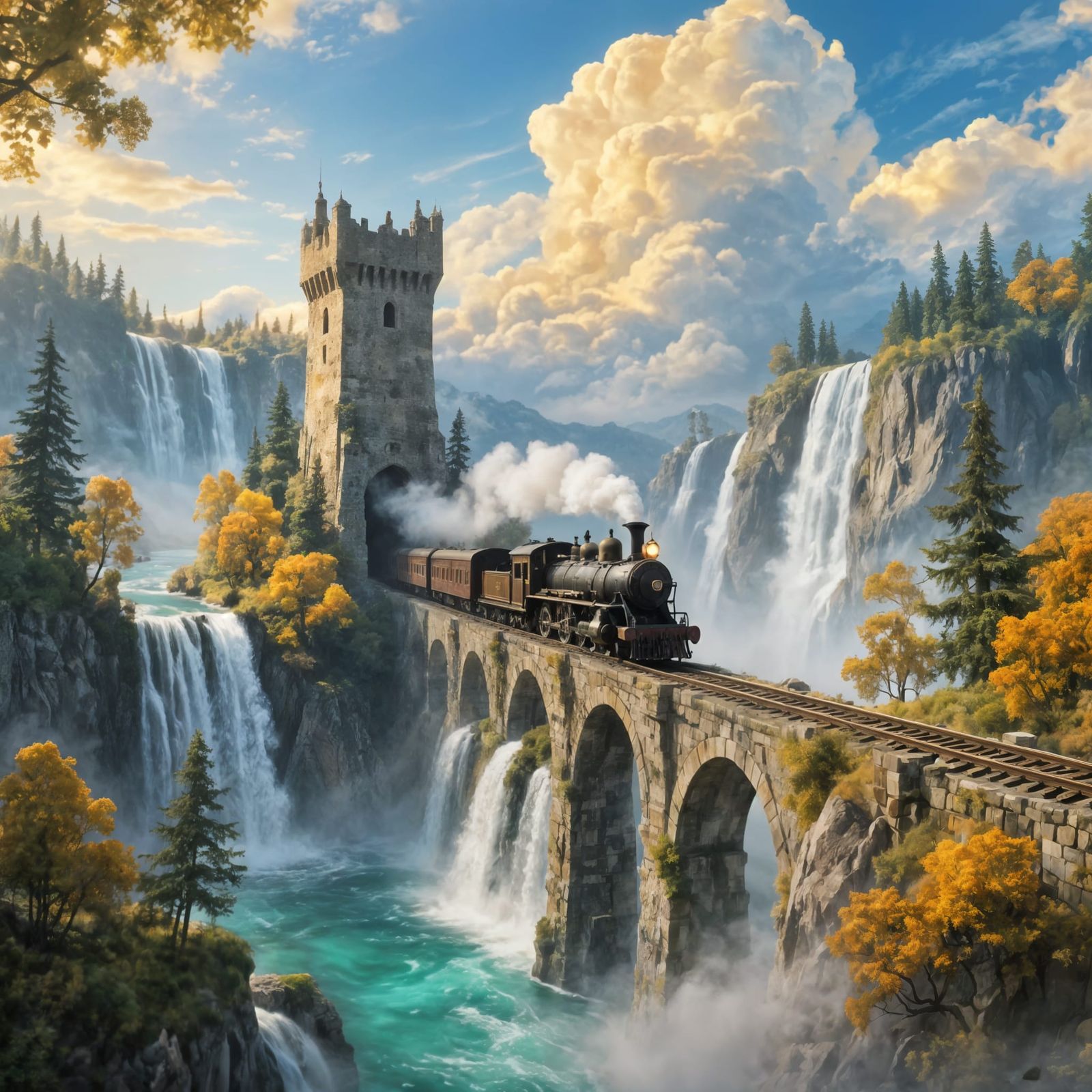 Vintage Steam Train on Stone Viaduct in Fantastical Landscap...