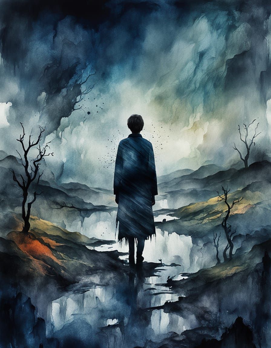 Surreal Misty Landscape with Ink-Wash and Torn Paper