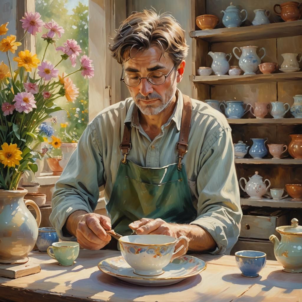 Potter and Teacup in Impressionist Oil Painting
