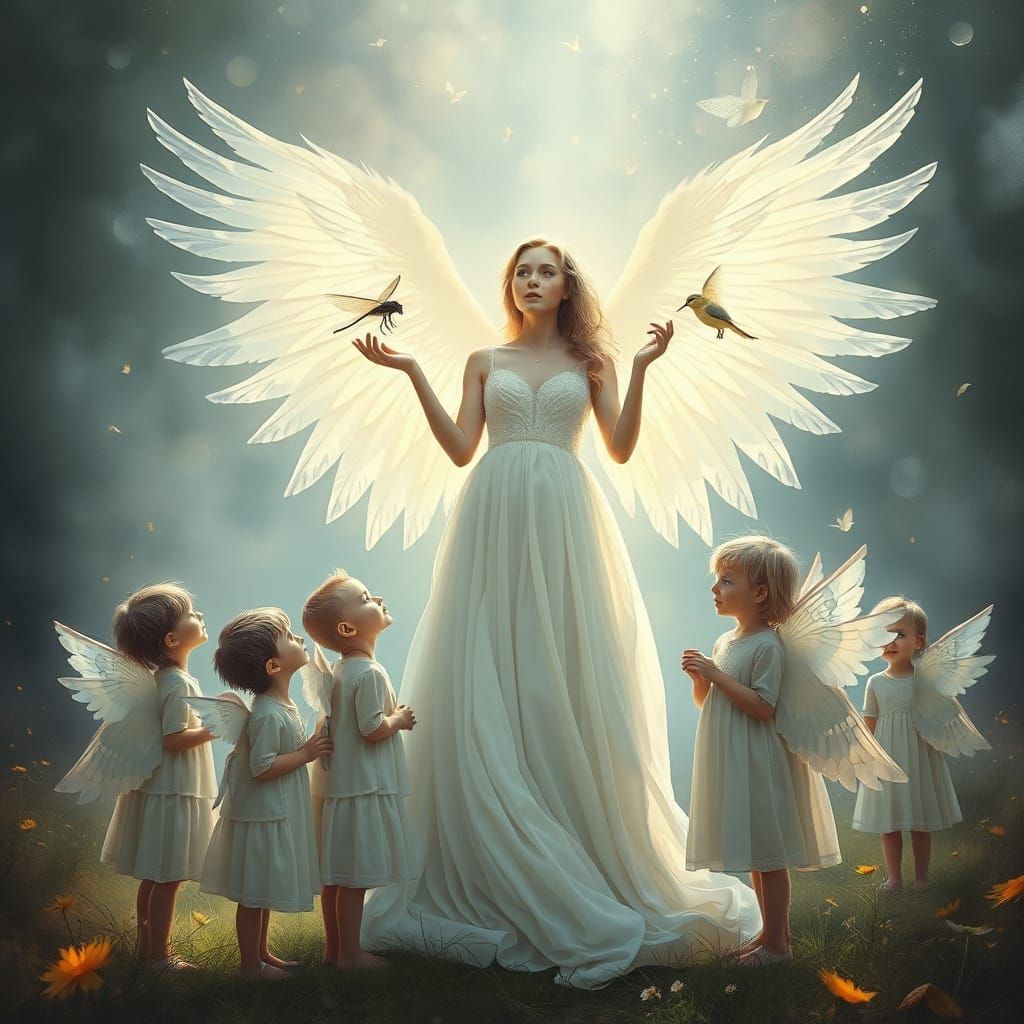 Dreamy Woman with Dragonfly and Angelic Children