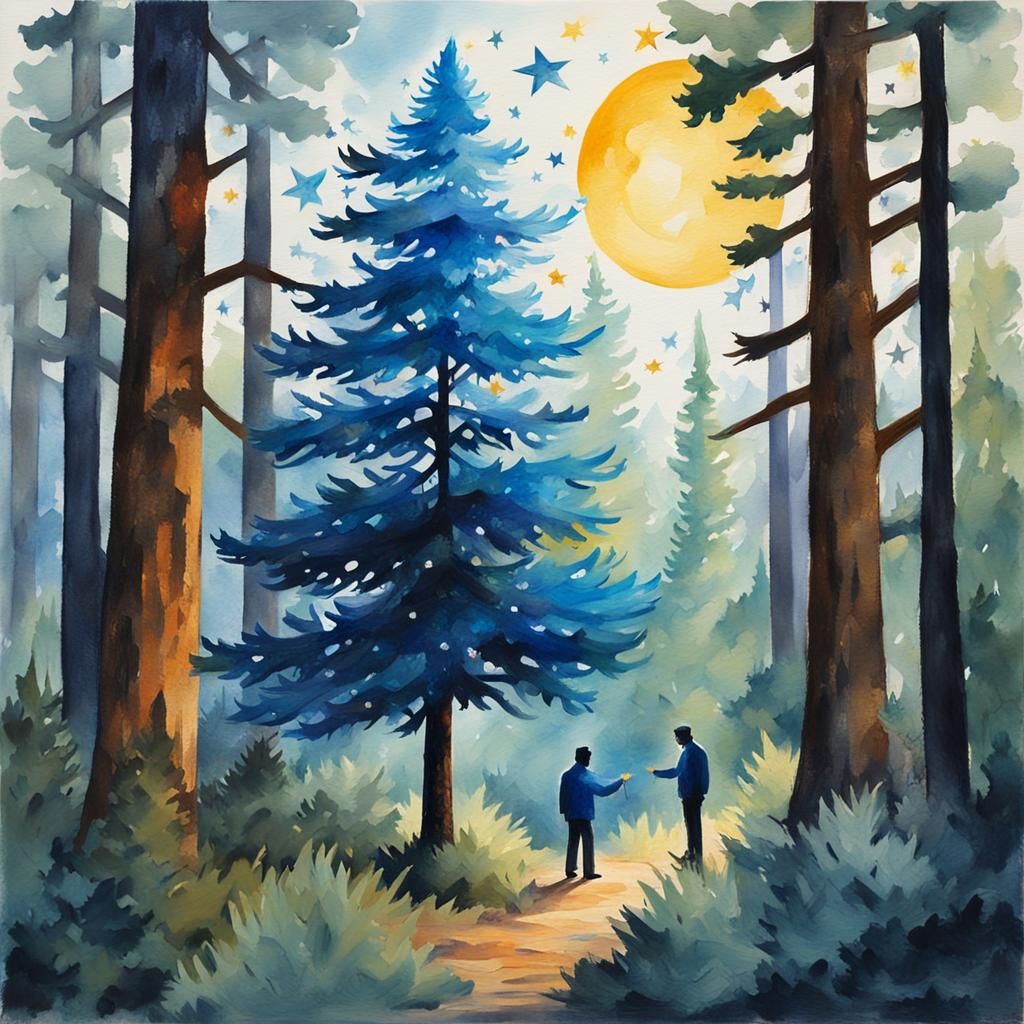 Festive Pine Tree in Forest, Gouache Watercolor Style