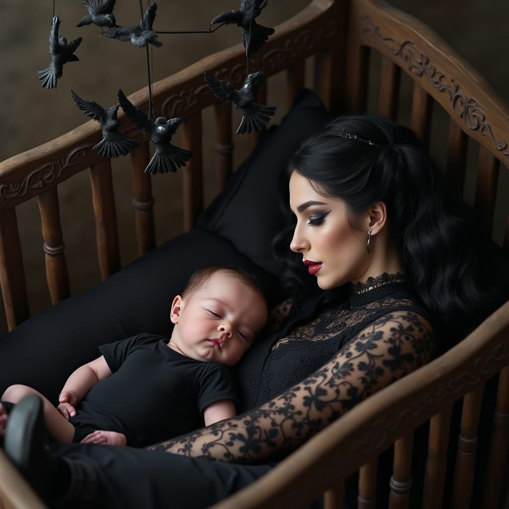 Goth Mother Cradles Newborn in Bat-Adorned Crib