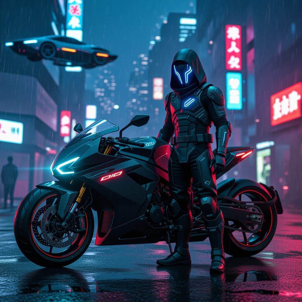 Futuristic Ninja with High-Tech Armor in Cyberpunk City