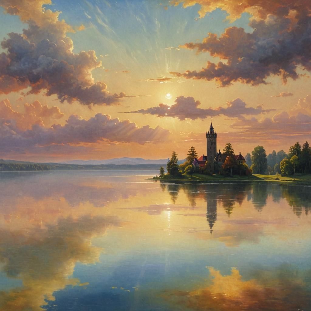 Surreal Lake Tower Dreamscape in Bierstadt Style