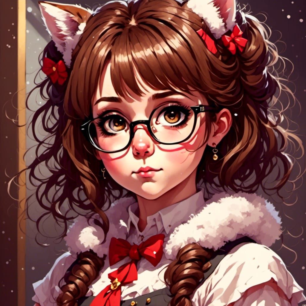 Anime Catgirl Goddess with Brown Hair and Glasses