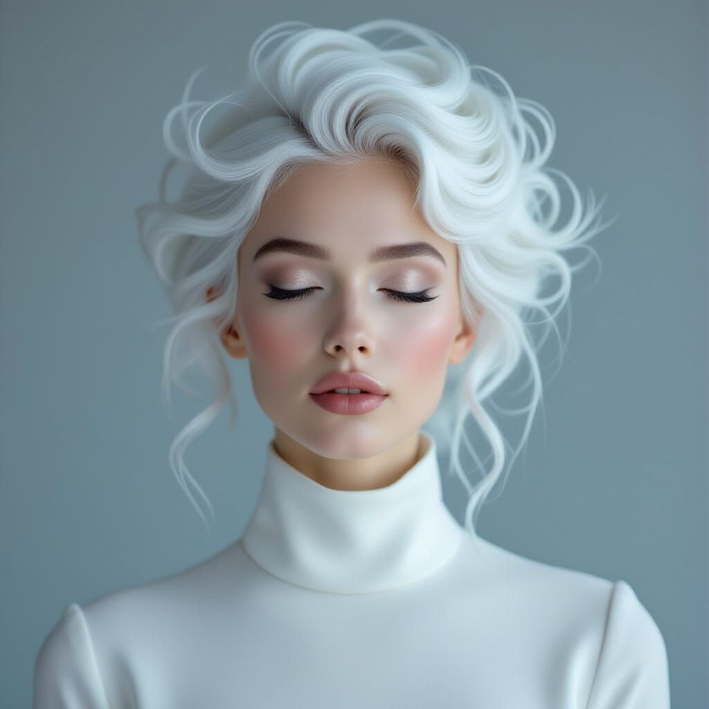 Icy Contemplation: Woman with Frozen Waterfall Hair