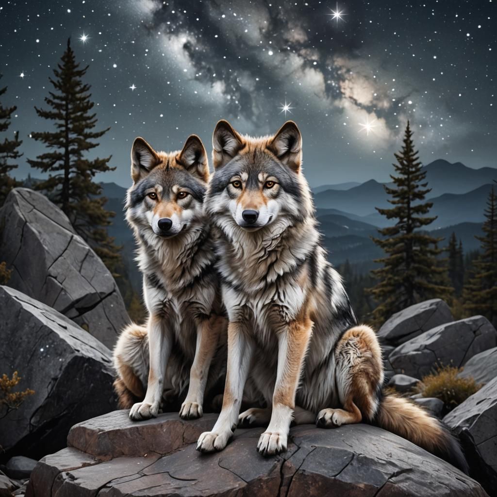 Adorable Wolf Cubs Under the Stars at Night