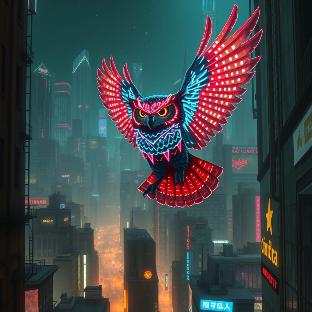 Neon Owl Soaring Through Cyberpunk Cityscape