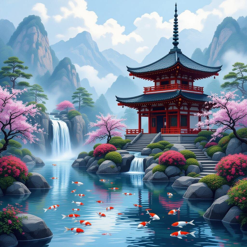 Japanese Temple with Waterfall in Anime Style