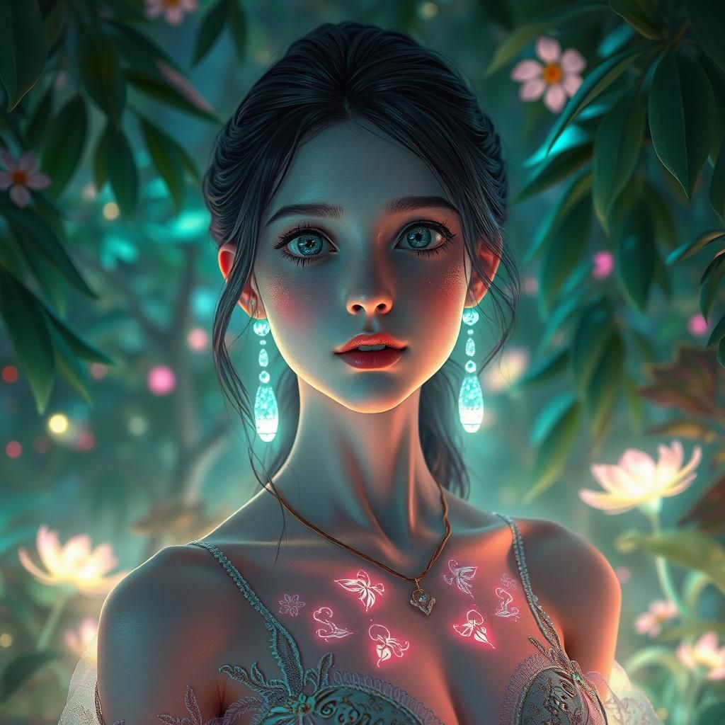 Ethereal Bioluminescent Woman in Lush Environment