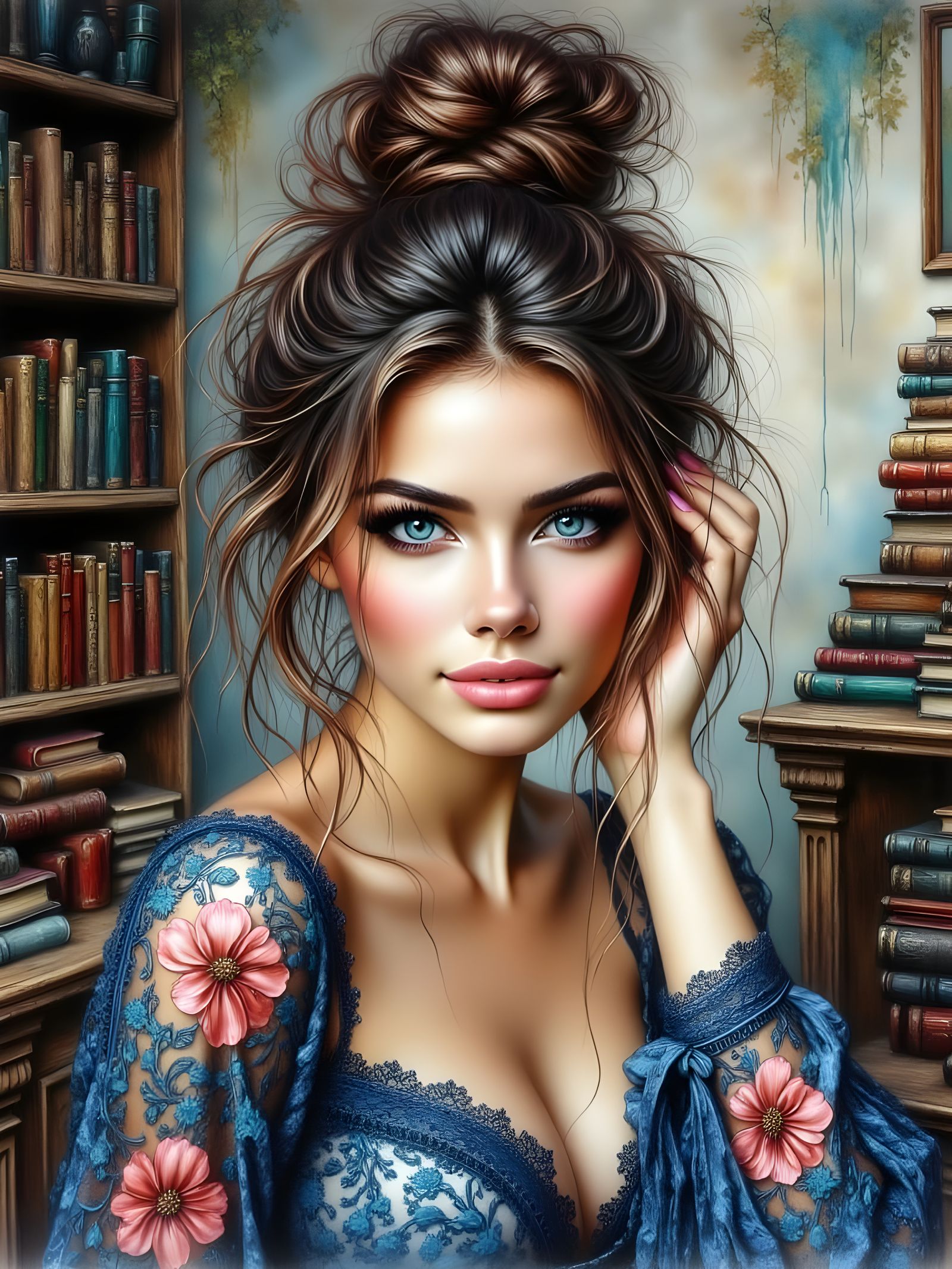 Stunning Sapphire-Laced Portrait in Gritty Grunge Watercolor...