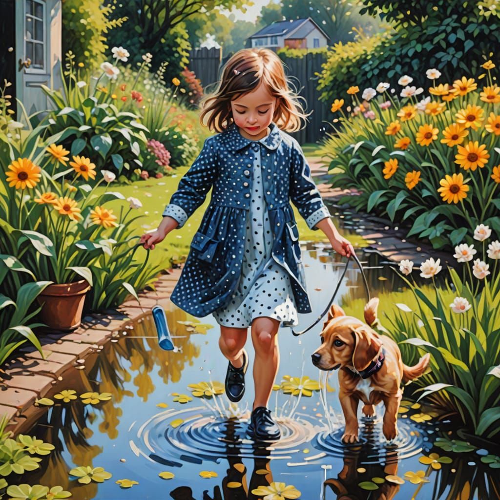 Girl and Puppy in Garden, Oil Painting