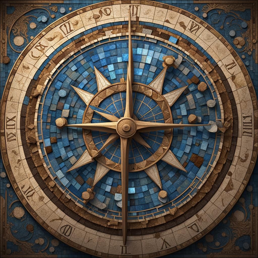Mosaic Sundial in Blue, Brown, and Tan