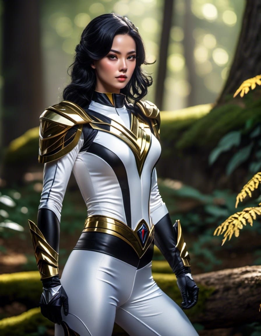 Power Ranger Soaring Through Forest: Detailed Portrait