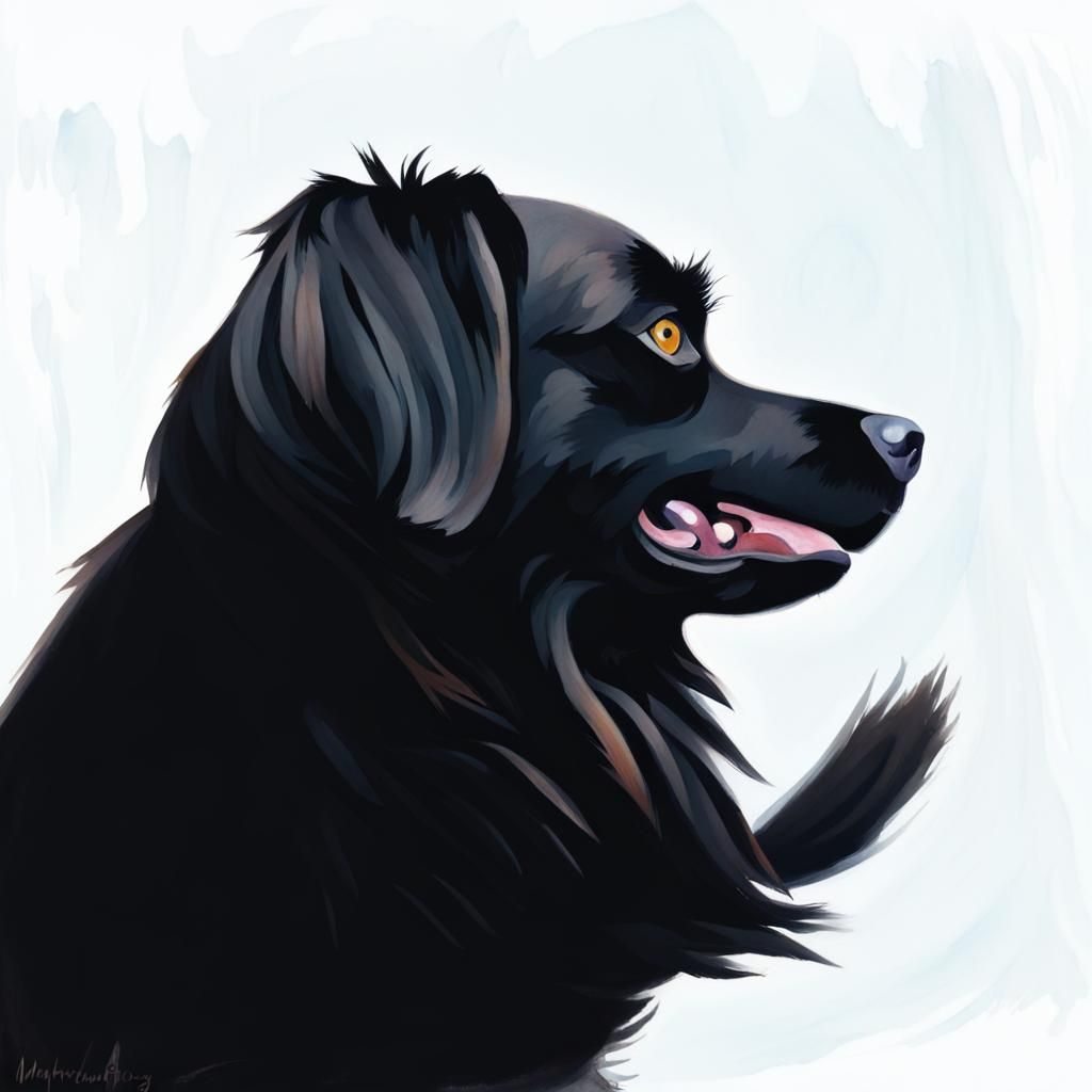 Black Mixed-Breed Dog Portrait in Impressionist Gouache Styl...