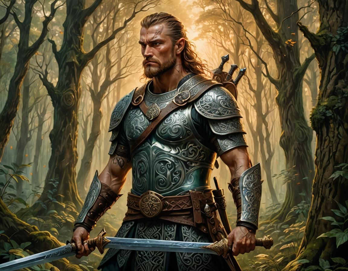 Celtic Warrior in Mystical Forest Oil Painting