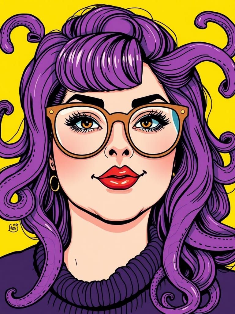 Purple Tentacle Hair Portrait, 1980s Style Line Art