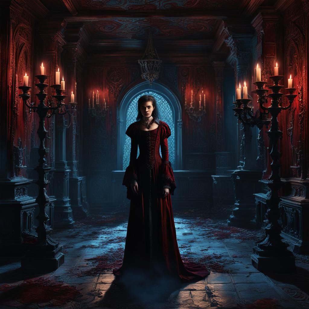 Female Vampire in Antique Chamber, Dark Fantasy Art