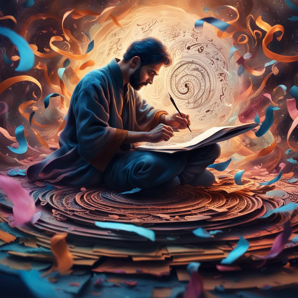 Majestic Calligrapher in Surreal Realm, Fantasy Illustration