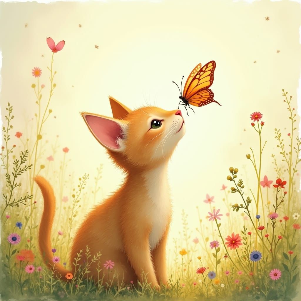 Whimsical Cat Watches Delicate Butterfly in Sunlit Meadow