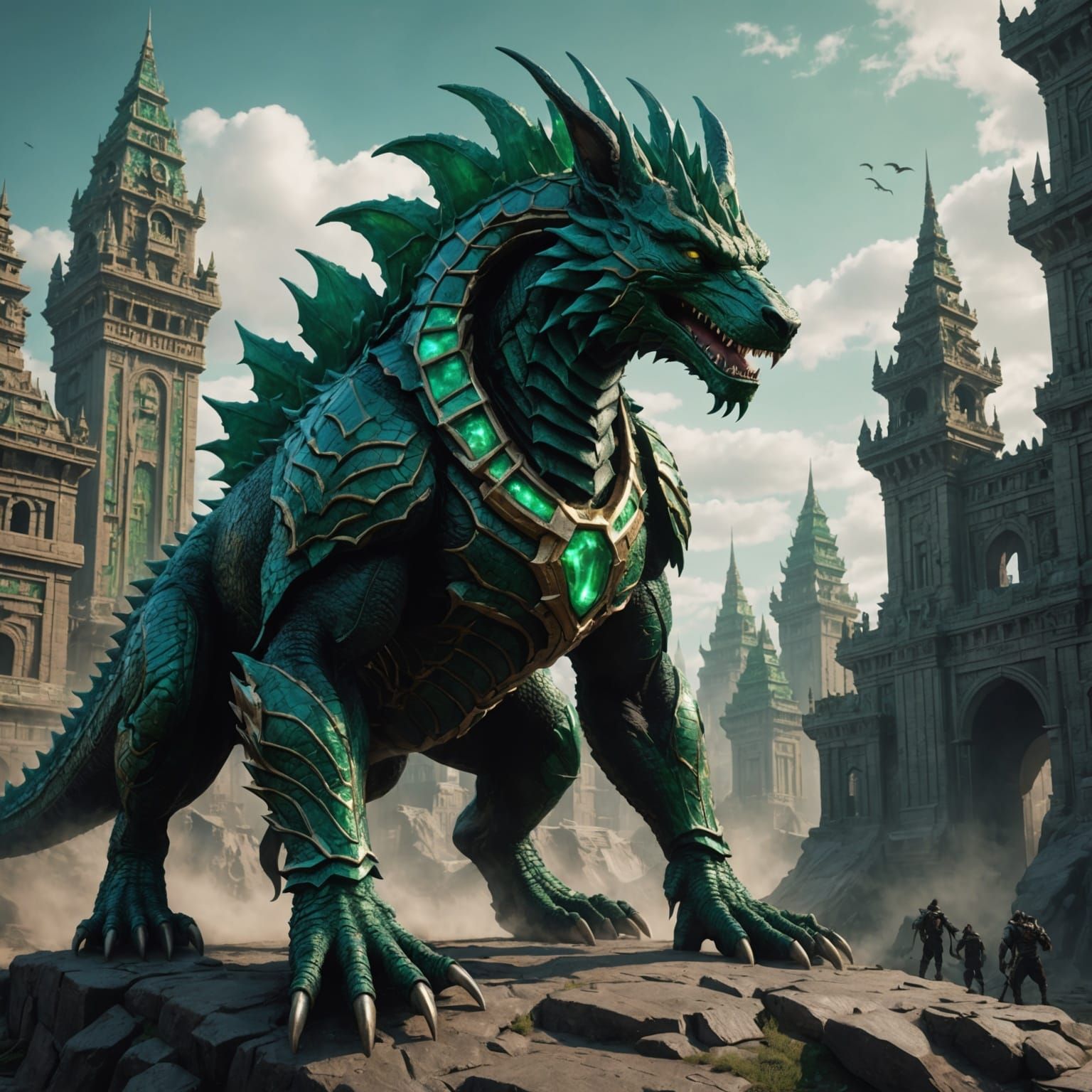 Emerald Anubis Godzilla Dragon in Detailed Matte Painting