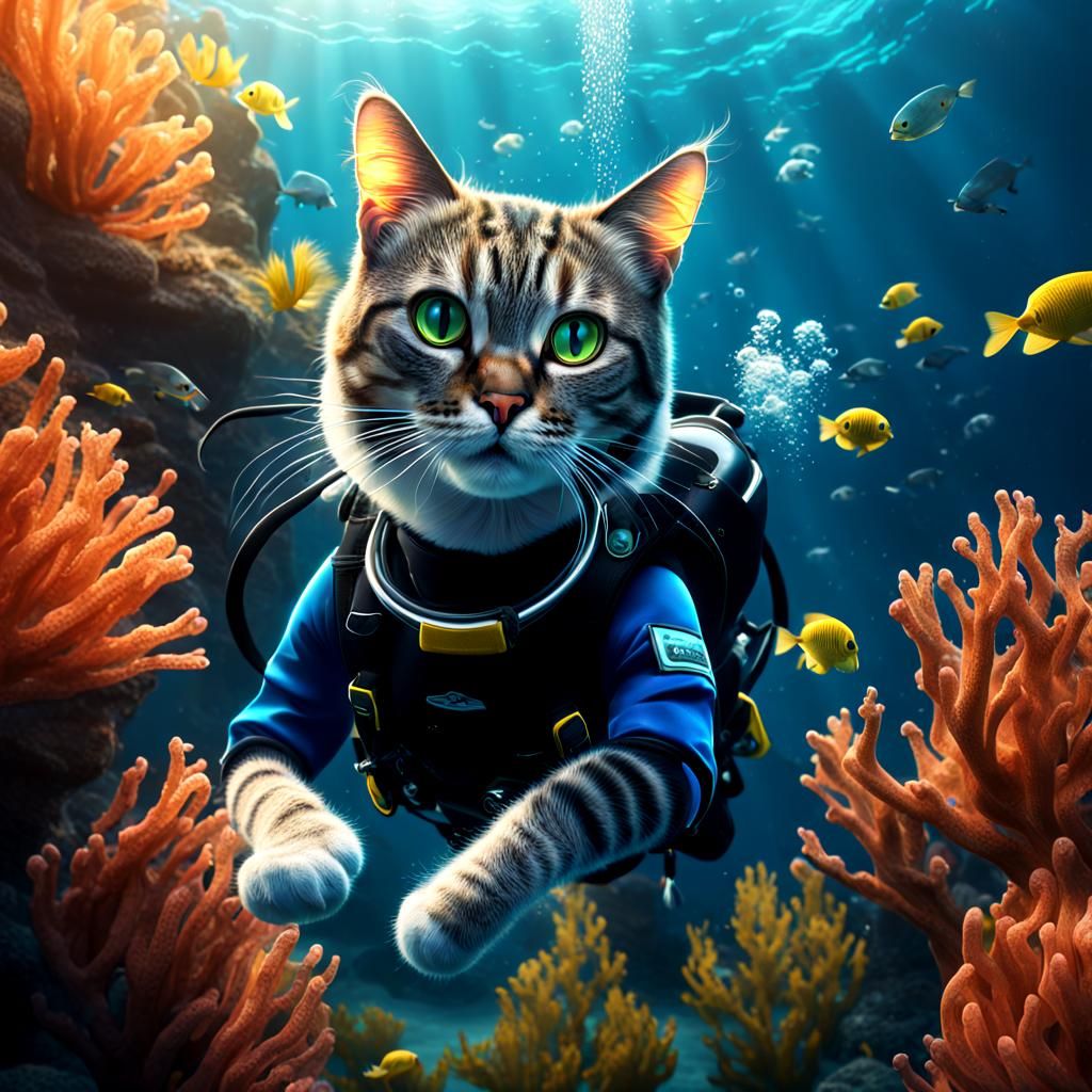 Cat Scuba Diving Underwater: Detailed Digital Painting