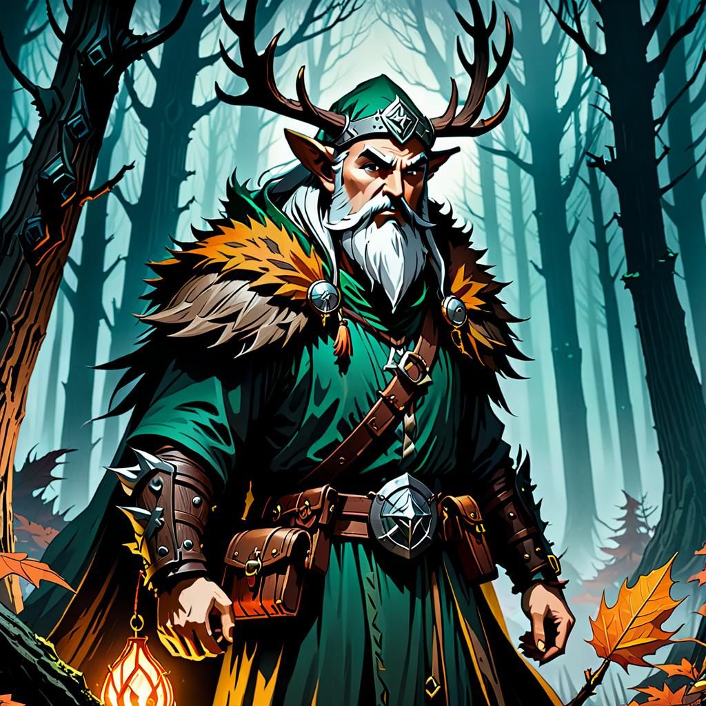 Wood Druid Exploring Misty Forest in Comic Style