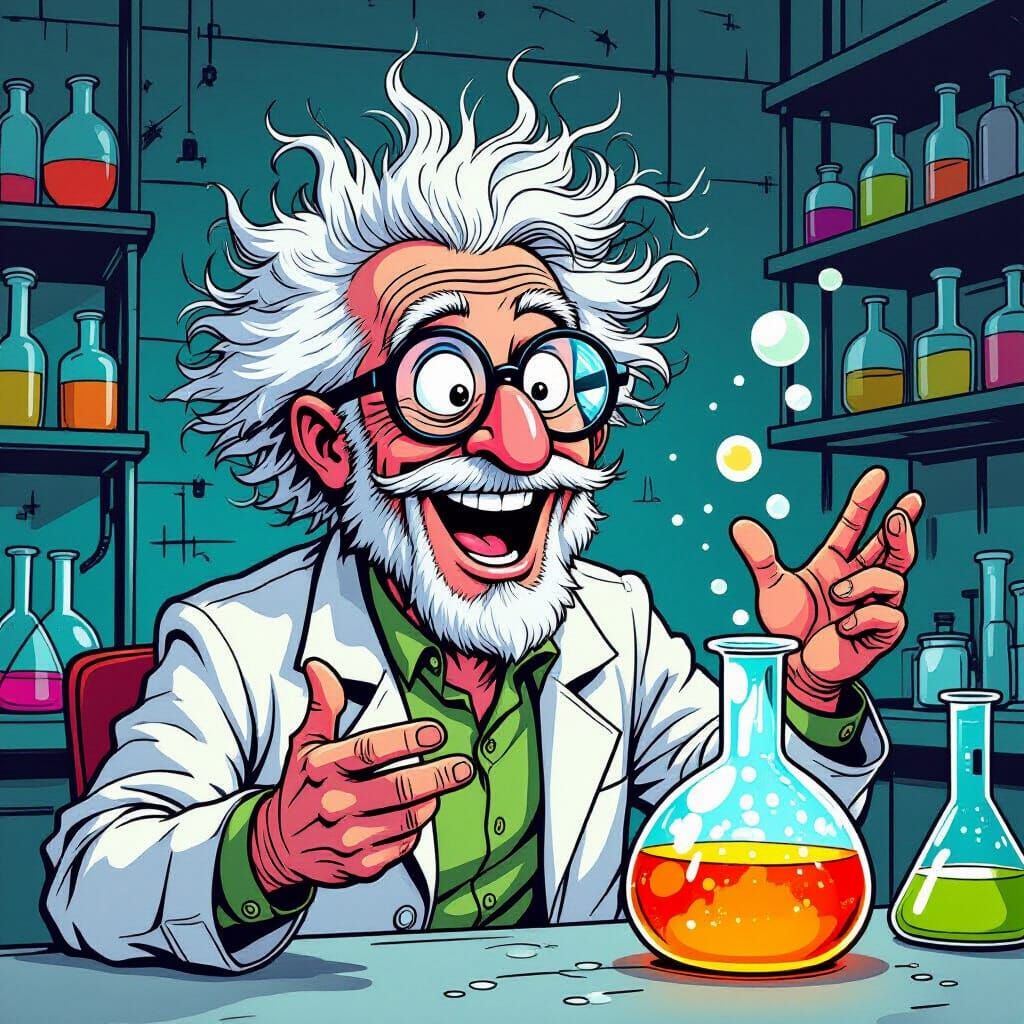 Humorous Scientist with Wild Hair and Bubbling Beaker