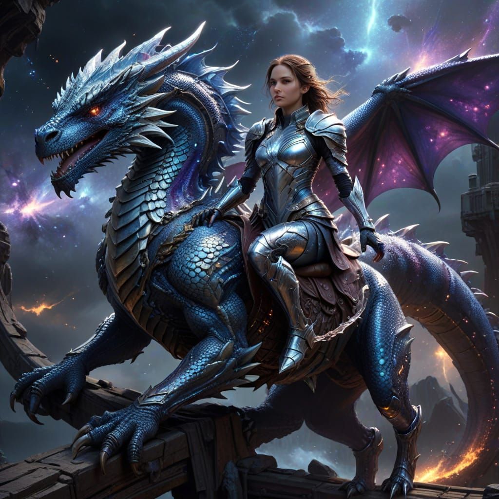 Woman in Silver Armor Rides Dragon Under Andromeda Galaxy