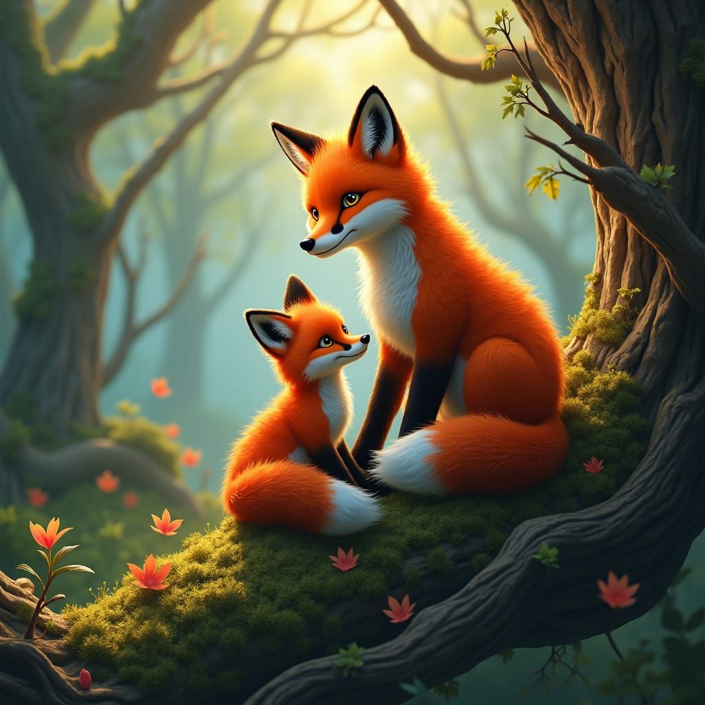 Fox Family in Mystical Forest, Matte Painting