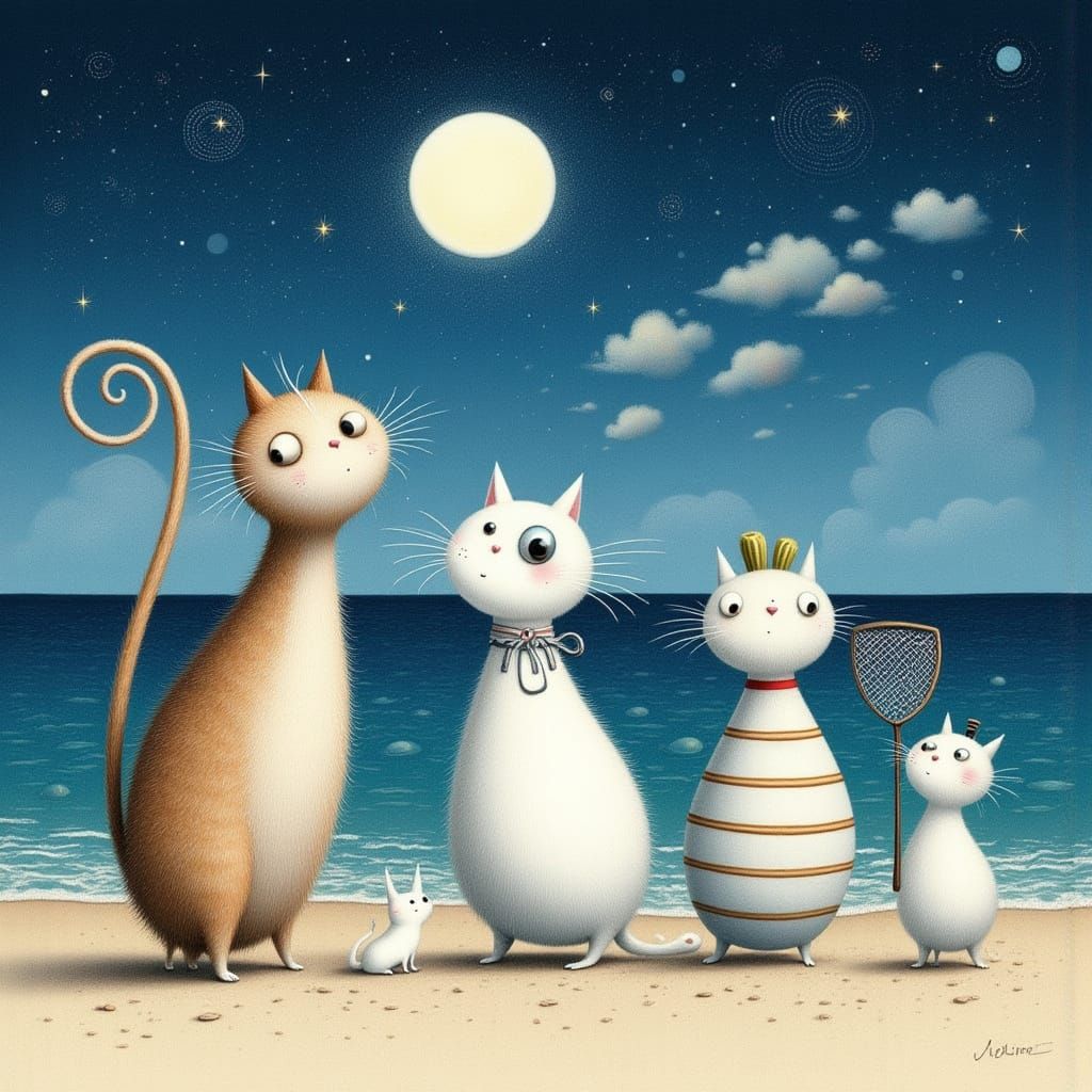 Whimsical Cats Catching Stars: Watercolor Seaside Illustrati...