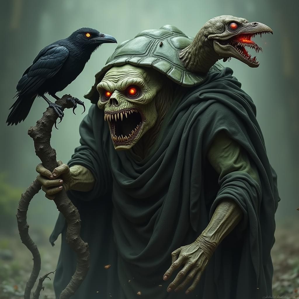 Grotesque Turtle Warlock with Raven in Macabre Style