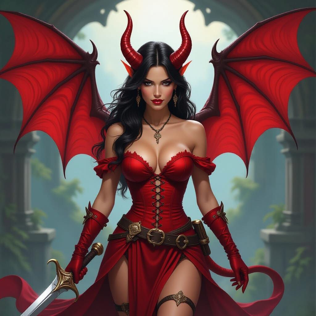 Tiefling Adventuress with Crimson Wings: Fantasy Oil Paintin...