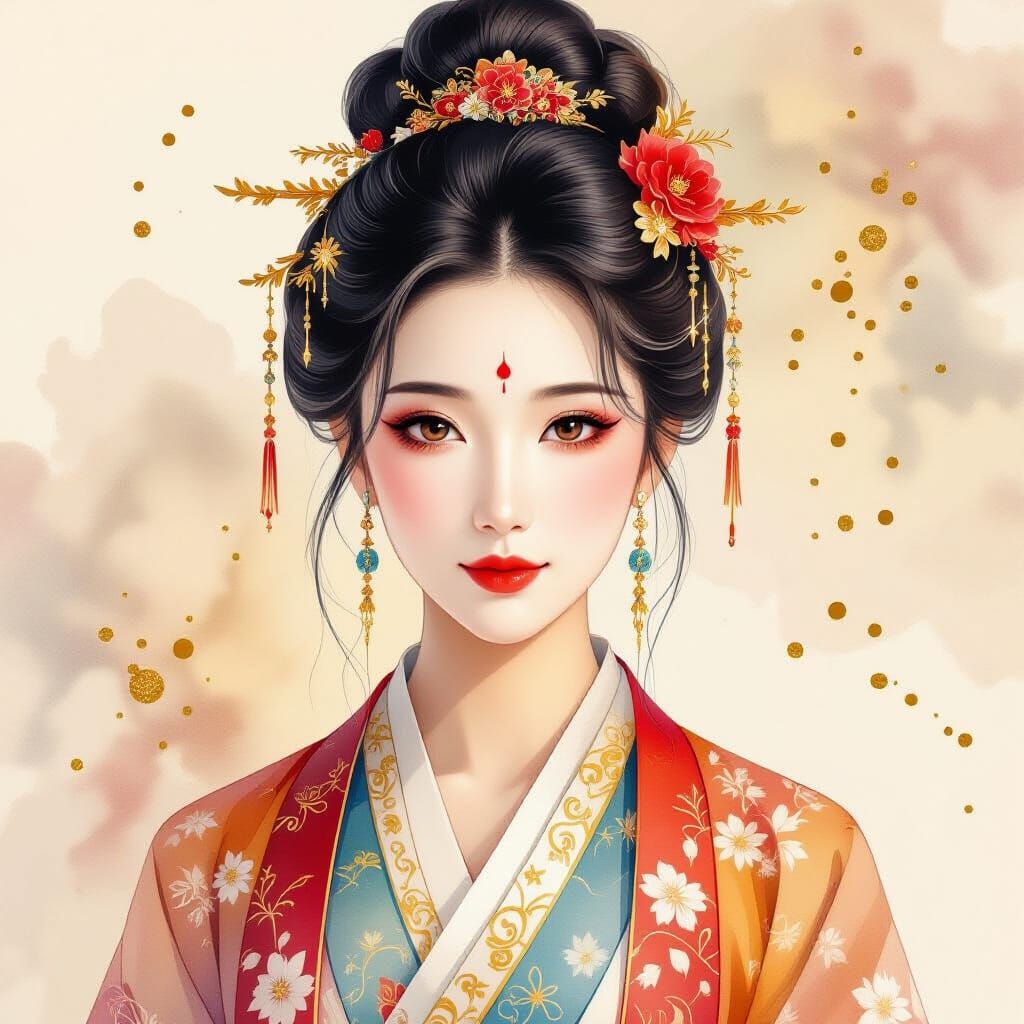 Chinese Goddess Portrait in Watercolor Style